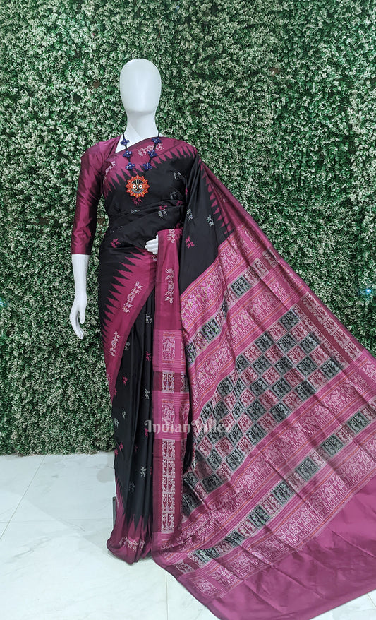 Black Magenta Pink Tribal Doli Sawari Odisha Ikat Bomkai Sambalpuri Silk Saree