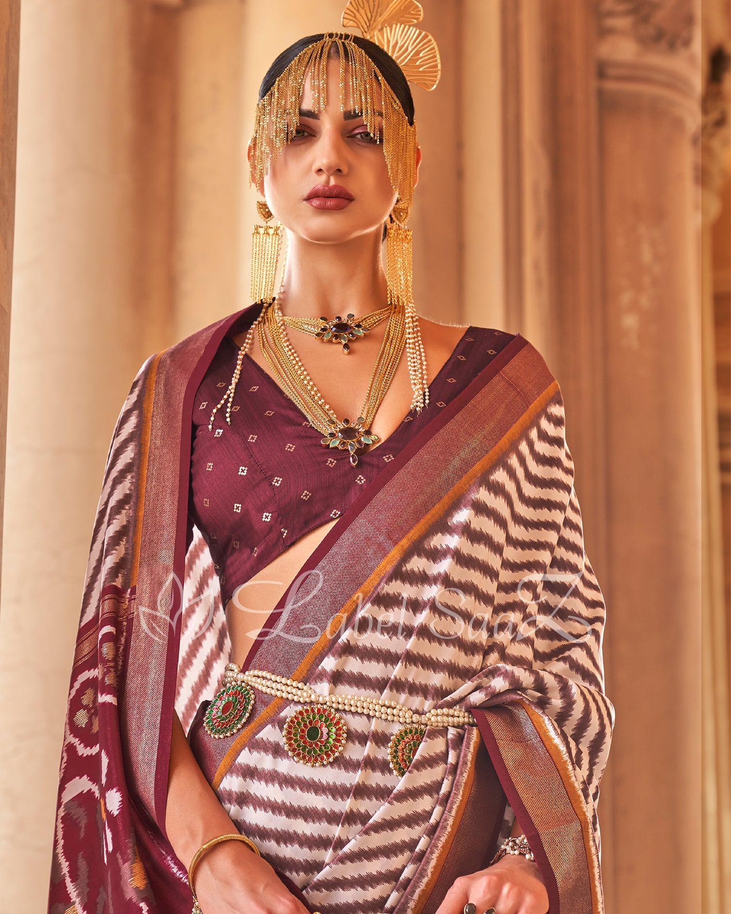 Wine White Leheriya Pochompolly Ikat Saree