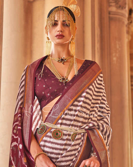 Wine White Leheriya Pochompolly Ikat Saree