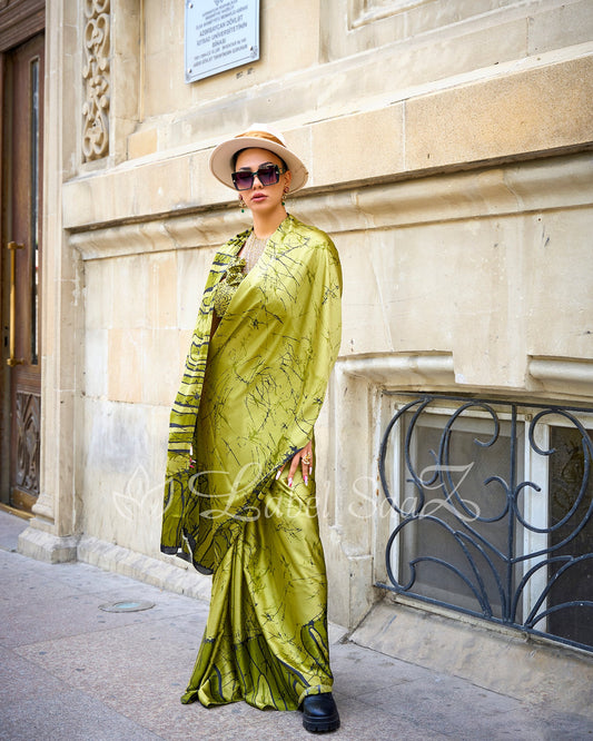 Green Satya Paul Inspired Printed Satin Crape Sarees