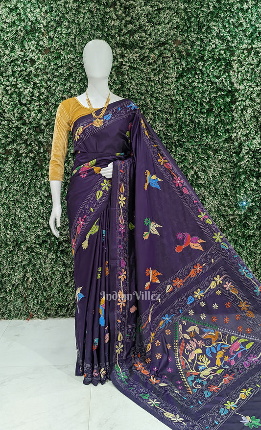 Dark Purple Handwoven Kantha Stitch Silk Saree