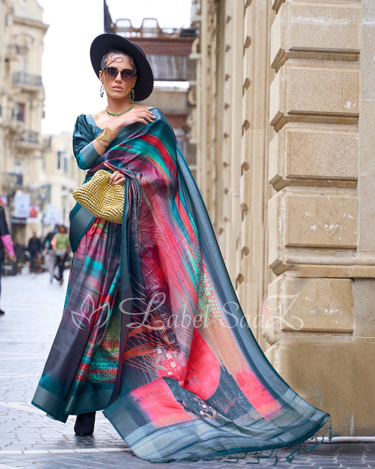 Big Multi Coloured Floral Soft Gaji Silk Handloom Weaving Saree