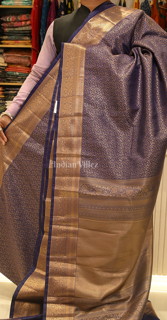 Navy Blue Gold Floral Pure Brocade Kanjivaram Silk Saree