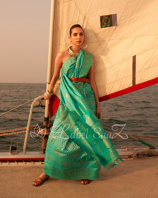 Sea Green Two Tone Leheriya Banarasi Satin Silk Saree