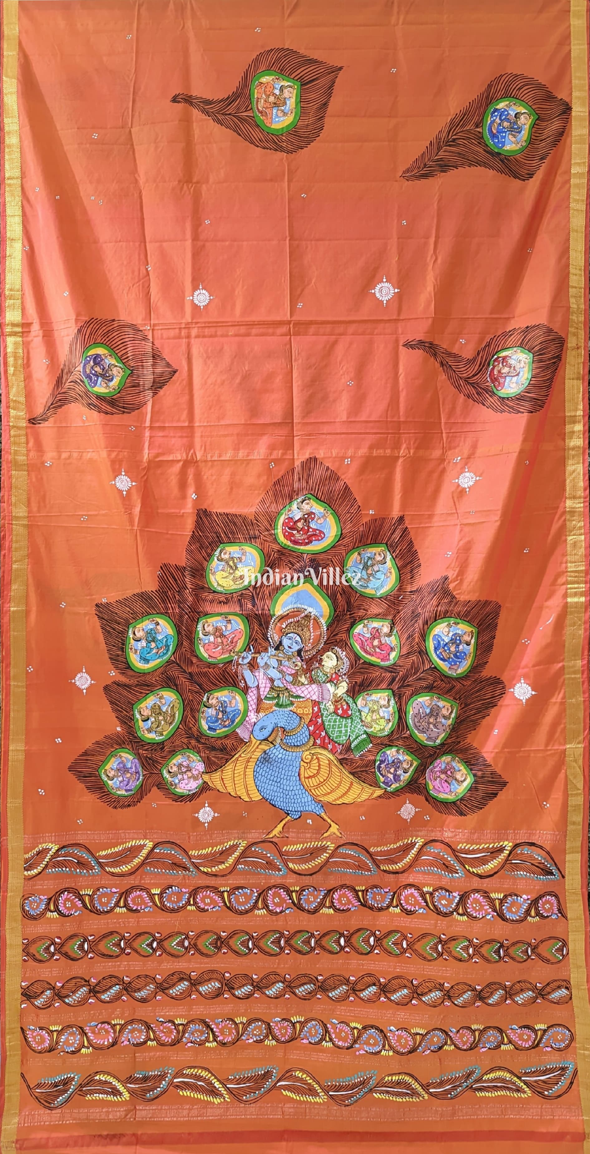 Orange Radha Krishna Peacock Design Pattachitra Saree