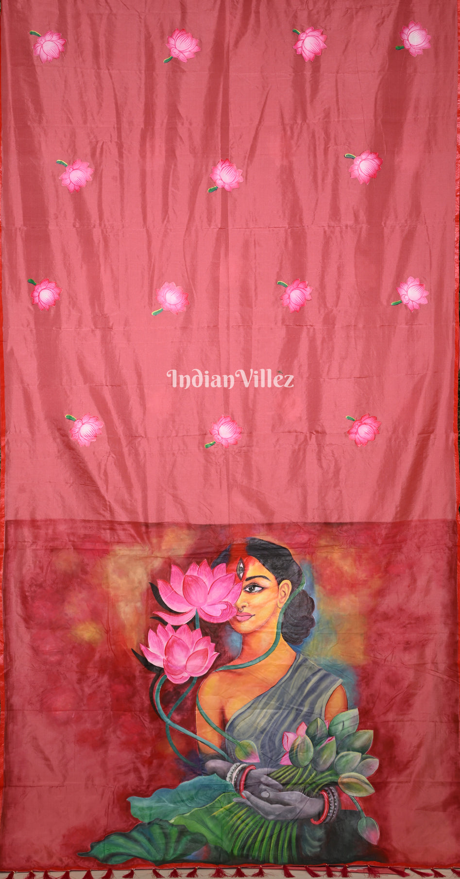Peach Women with Lotus Motif Hand-Painted Pattachitra Saree 