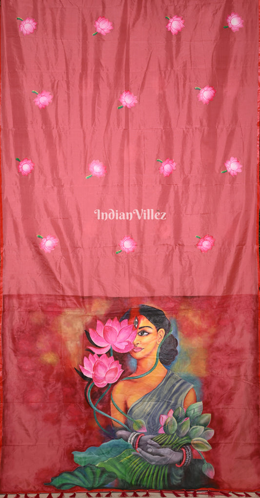Peach Women with Lotus Motif Hand-Painted Pattachitra Saree 