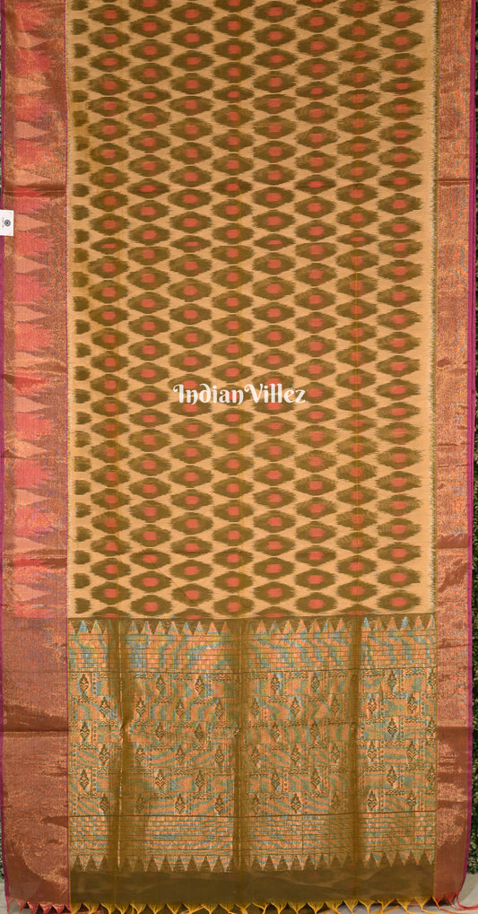Beige Olive Green Red Pochampally Ikat (Sico) Saree 