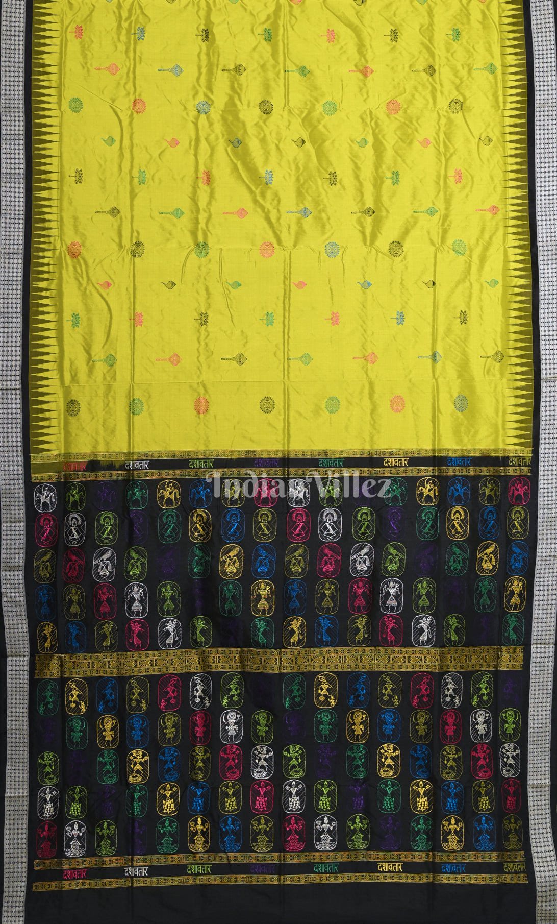 Parrot Green Black Odisha Ikat Bomkai Sambalpuri Silk Saree with Dasabatara Anchal