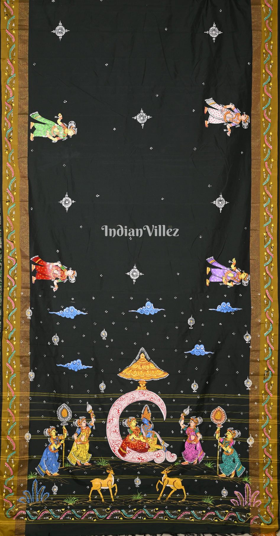 Bottle Green Ardha Chandra Krishna Rasa Leela Hand-Painted Pattachitra Saree