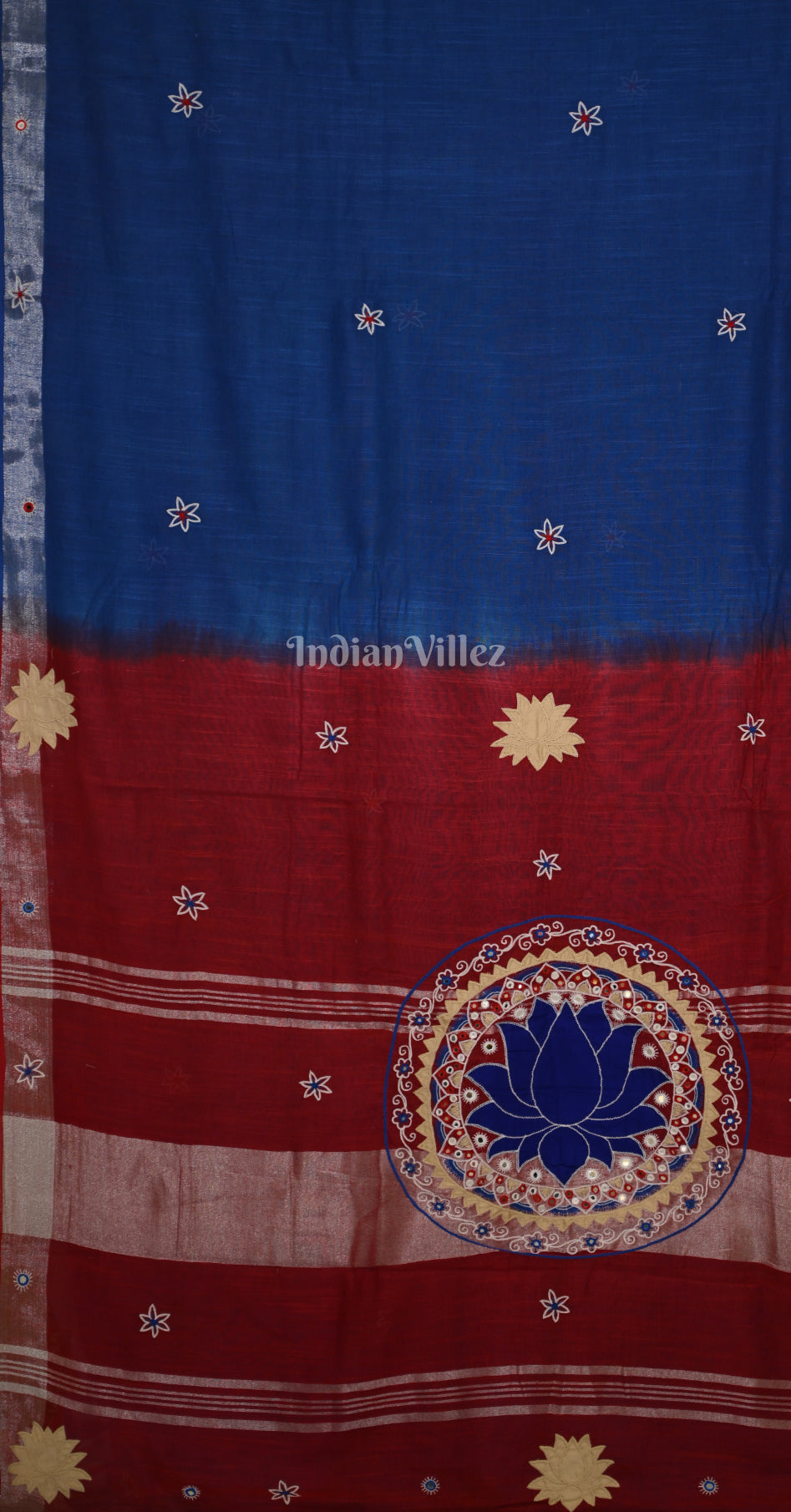 Blue Red Hand Embroidered Applique Work Saree 