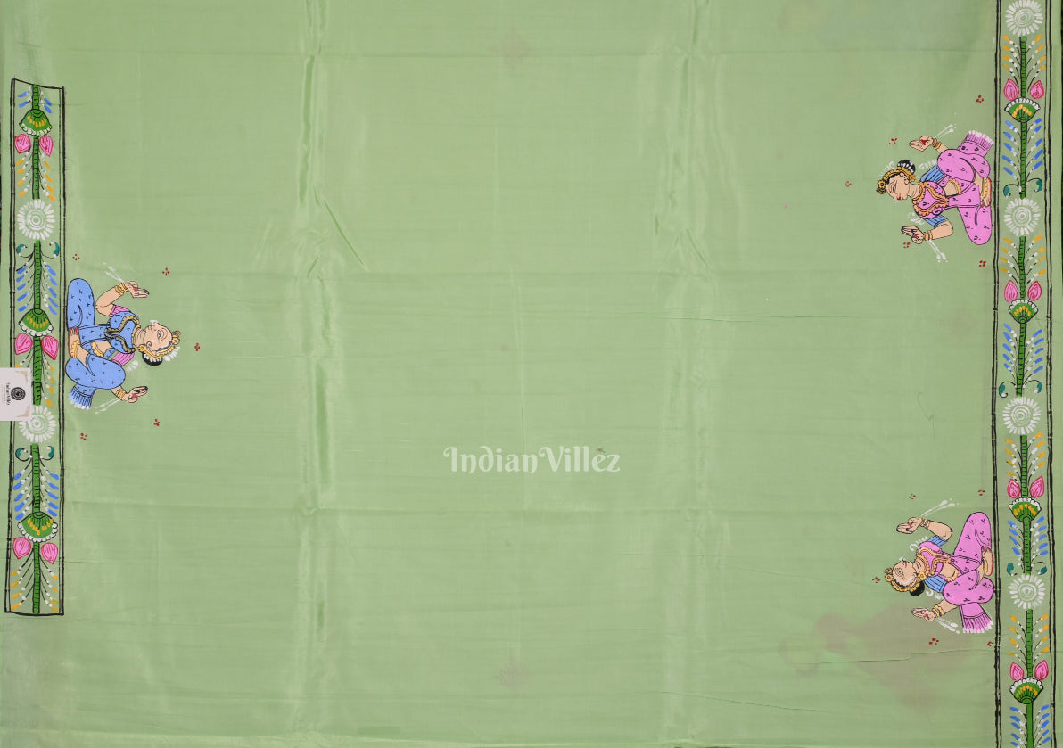 Pista Green Odishi Dancer Hand-Painted Pattachitra Saree