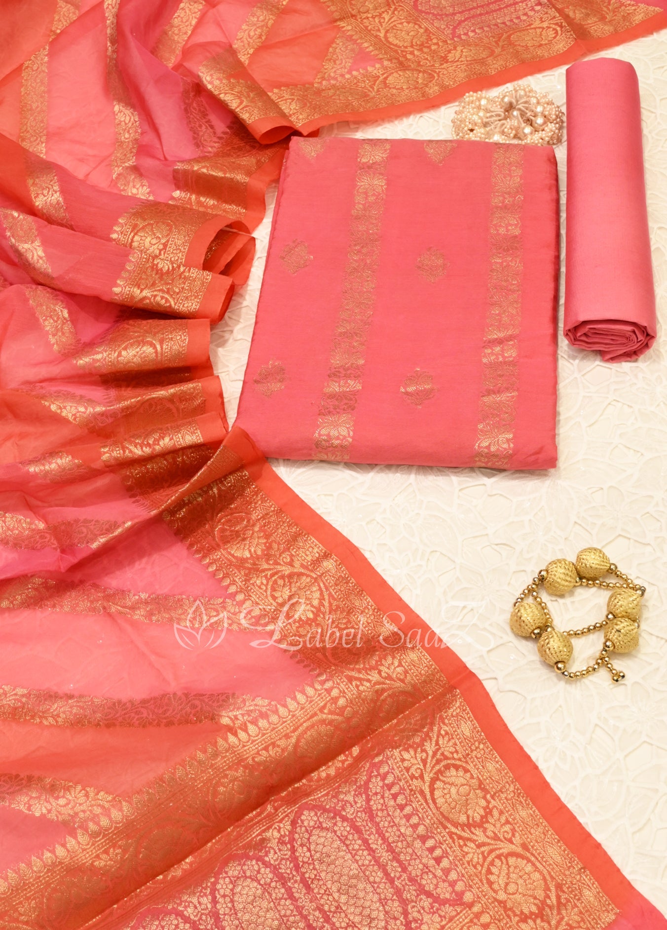 Peach Pink Banarasi Chanderi Silk Unstitched Salwar Suit