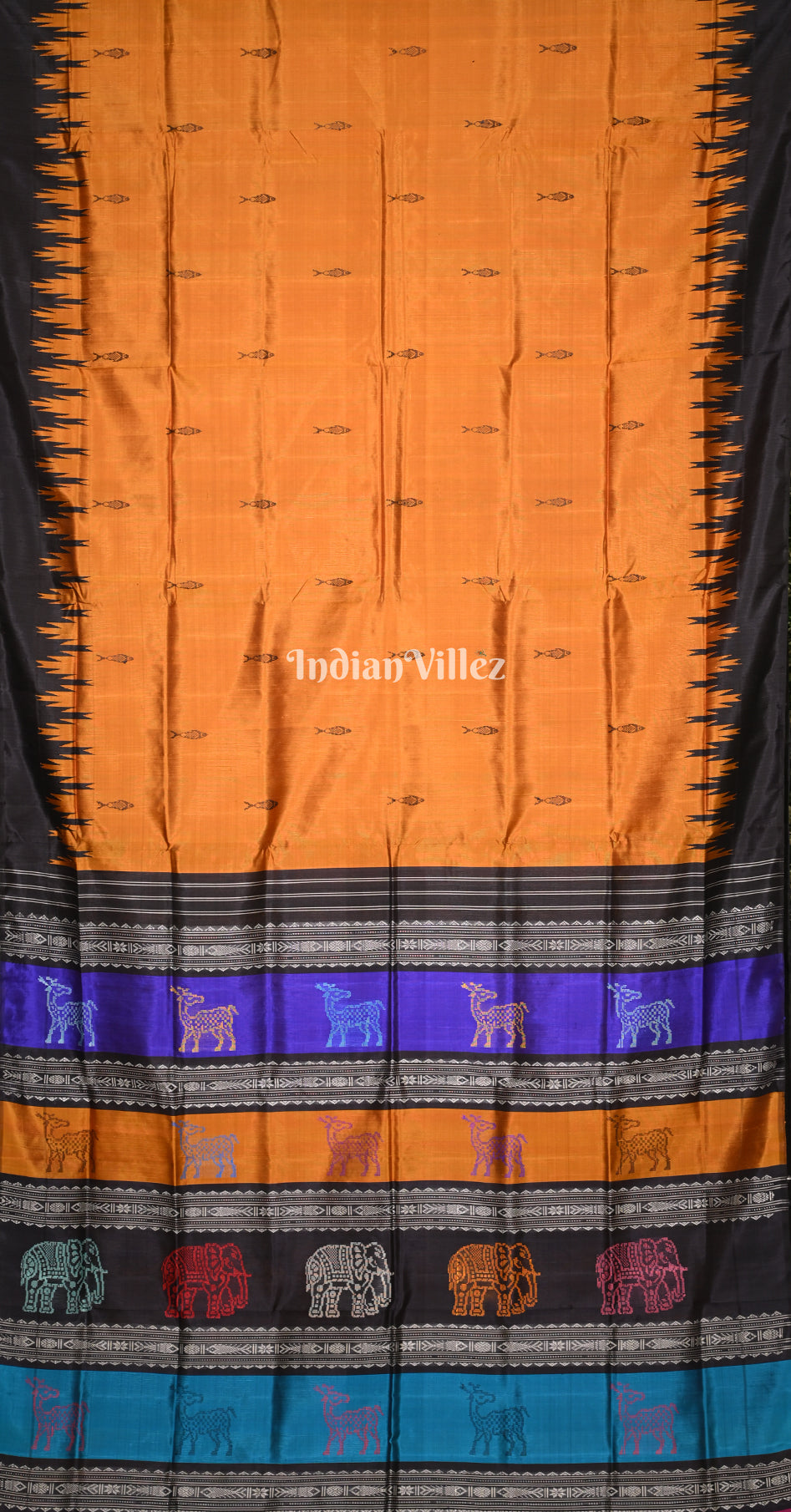 Orange Black Fish Motif Double Pallu Berhampuri Silk Saree