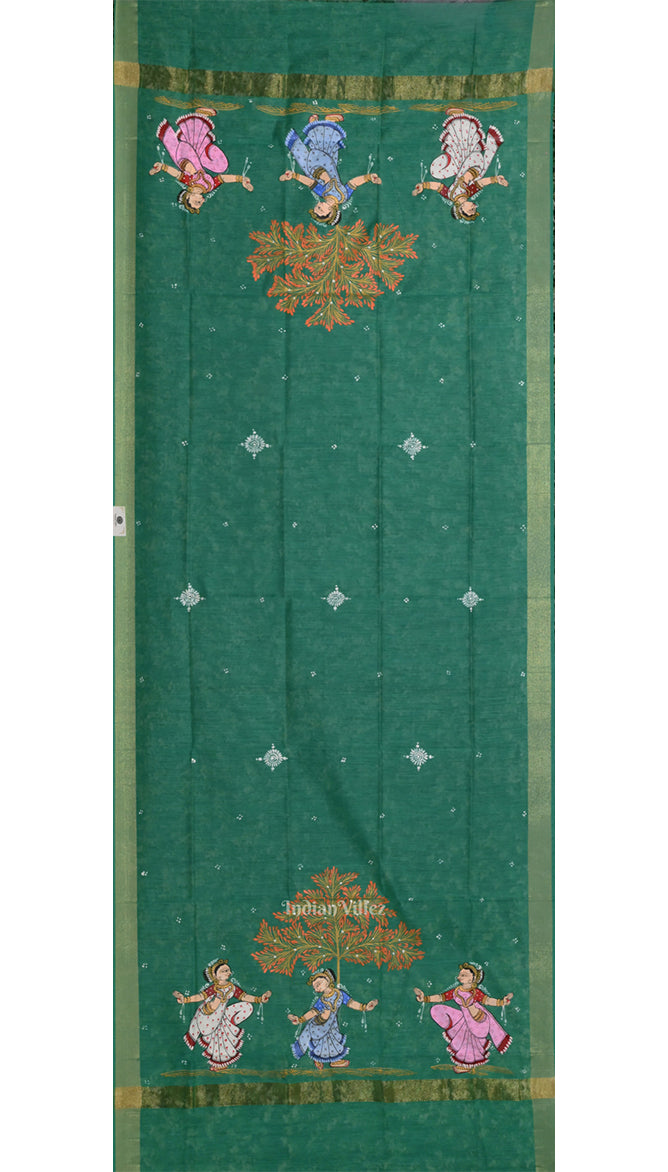 Green Nartaki Theme Patachitra Chanderi Dupatta