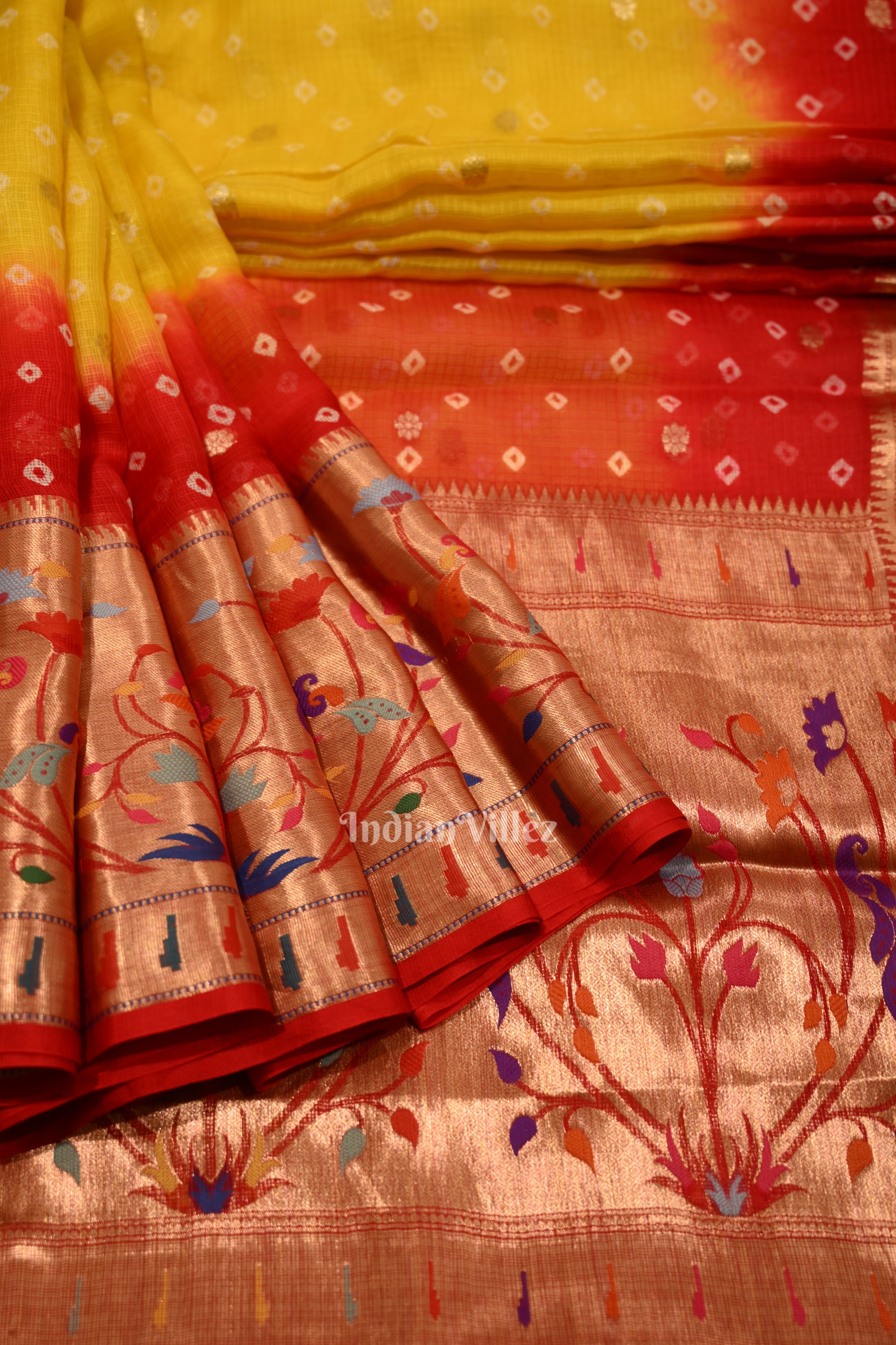 Yellow Red Bandhini  Banarasi  Kota Silk Saree with Paithani Border