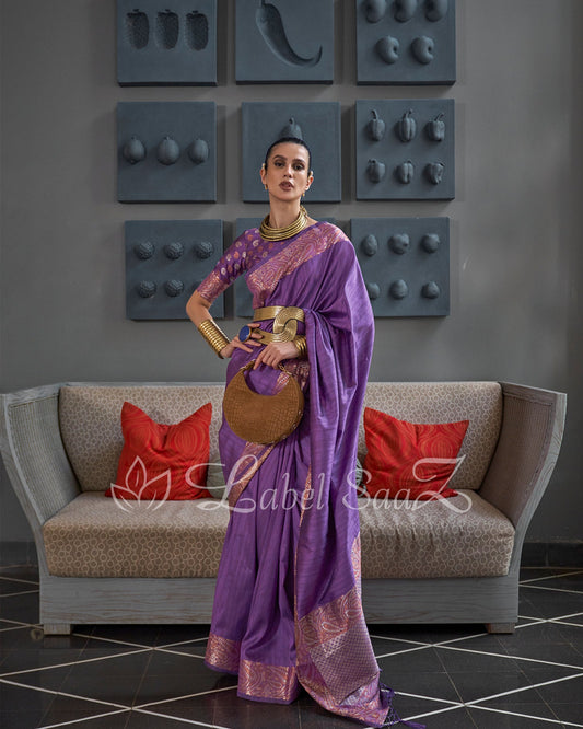 Indigo Purple Handwoven Tussar Banarasi Saree with Copper Zari