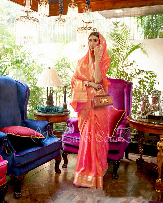 Orange Pure Handloom Katan Banarasi Saree