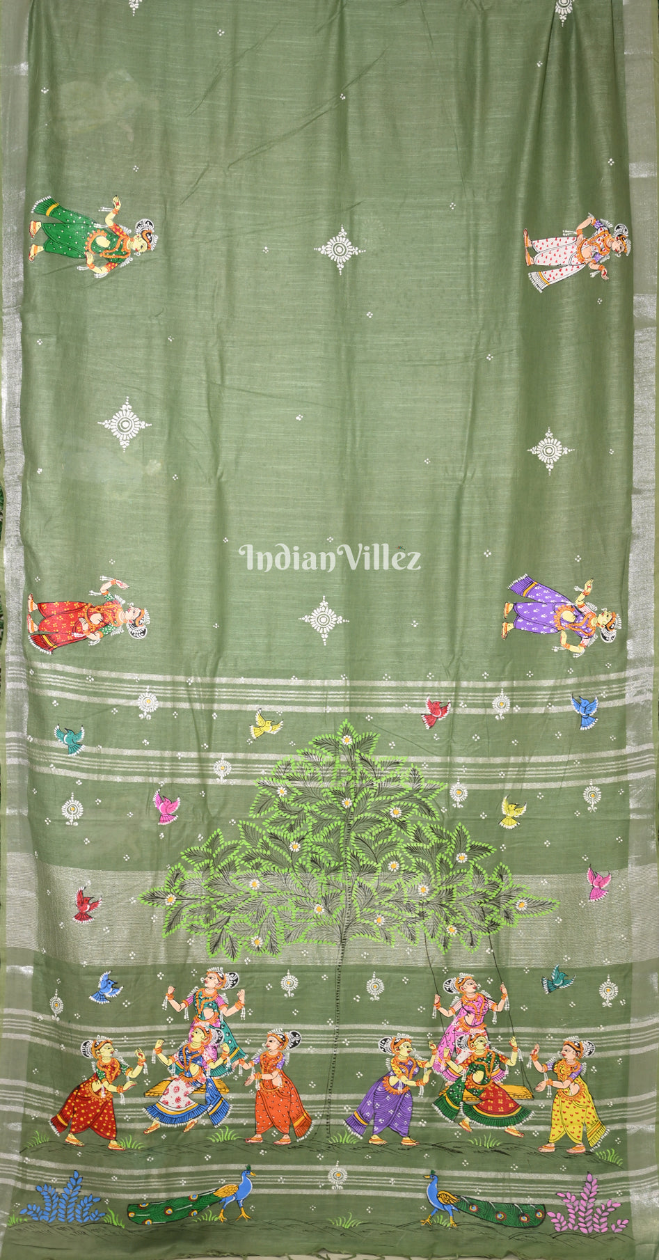 Sage Green Raja Doli Hand-Painted Pattachitra Saree 