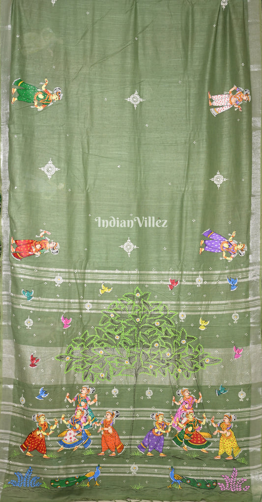Sage Green Raja Doli Hand-Painted Pattachitra Saree 