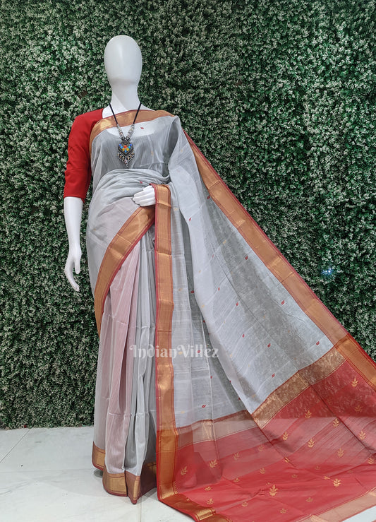 White Red Pure Silk Cotton Maheswari Saree with Zari Border