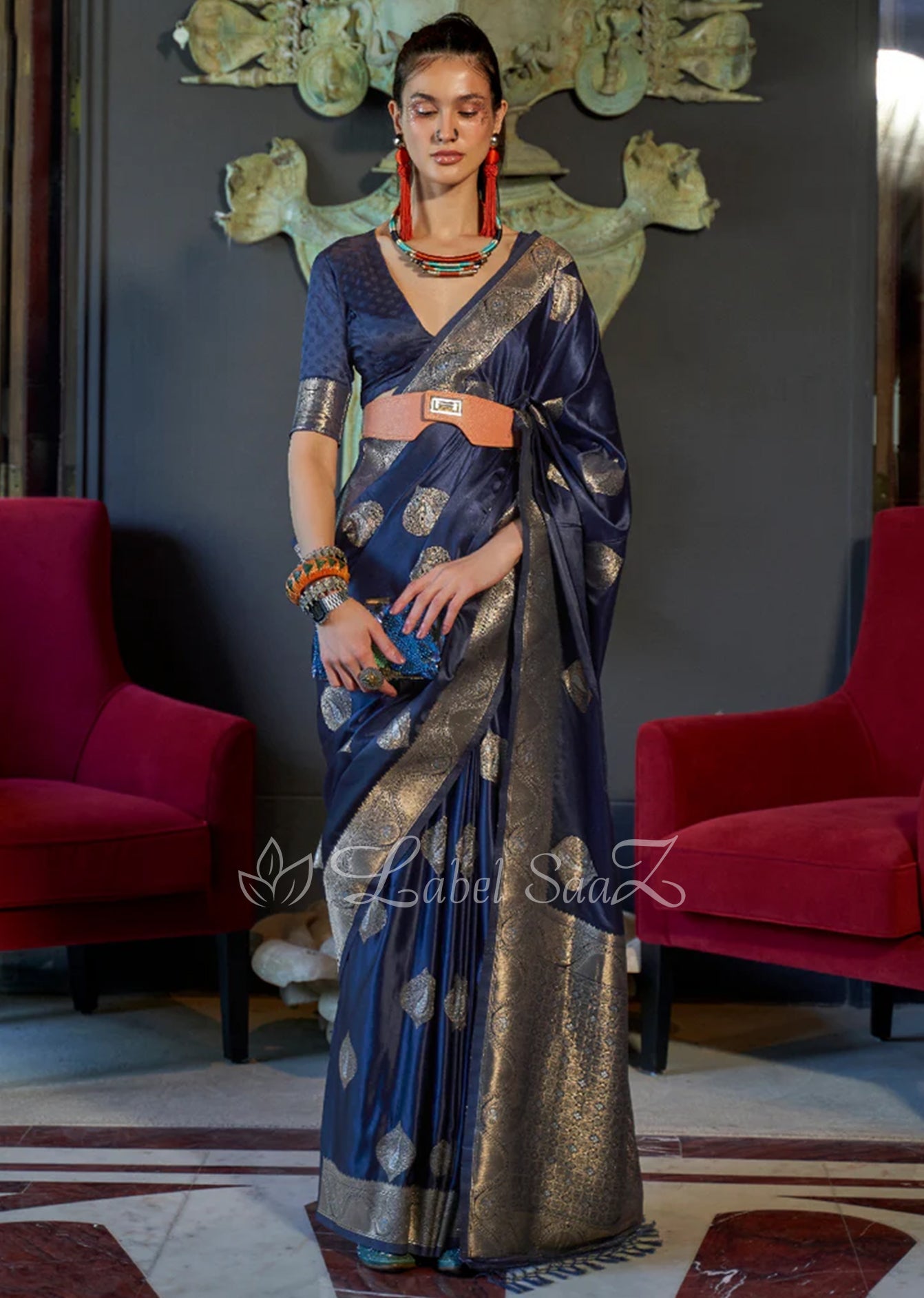Navy Blue Nylon Pure Handwoven Satin Silk Banarasi Saree