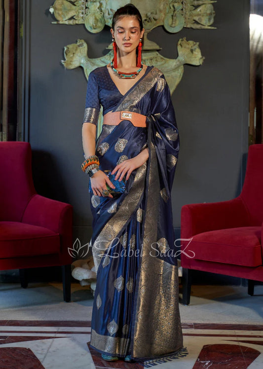 Navy Blue Nylon Pure Handwoven Satin Silk Banarasi Saree