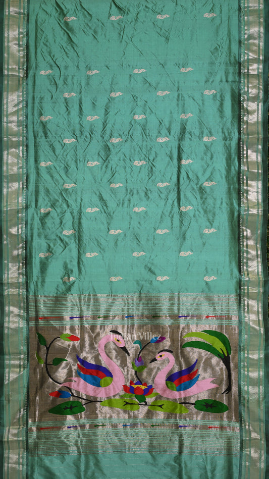  Teal Blue Peacock Butti Silk paithani Saree