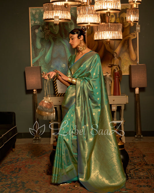 Rama Green Zari Base Tissue Banarasi Handloom Saree