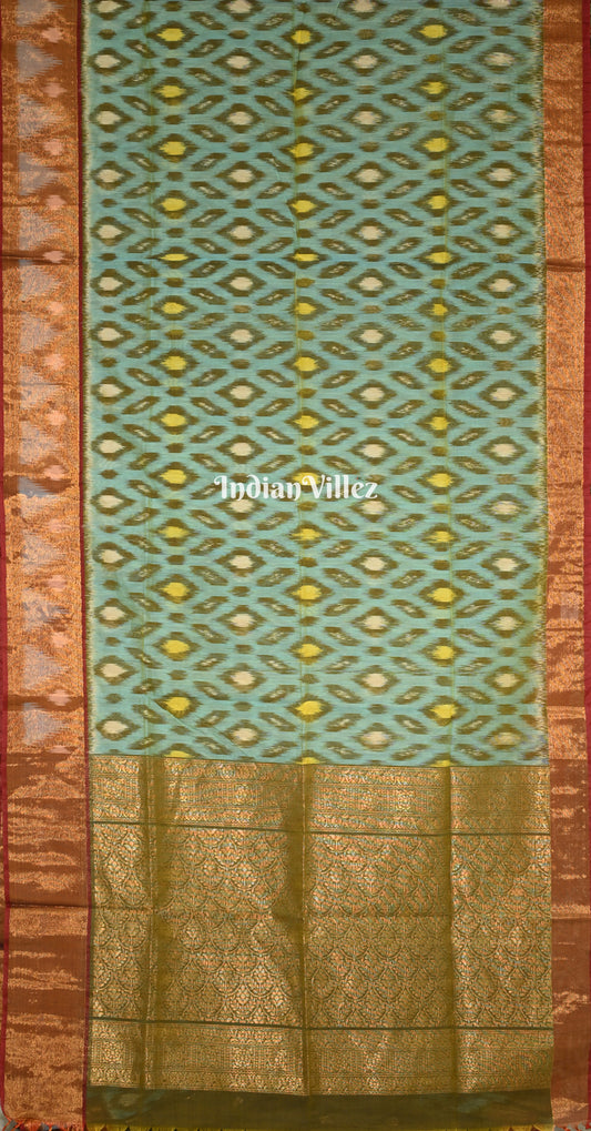 Sea Green Golden Pochampally Ikat Silk Cotton (Sico) Saree 