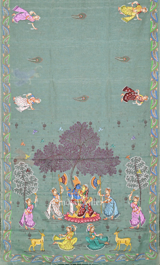 Light Blue Krishna Rasa Leela Hand-Painted Pattachitra Saree 