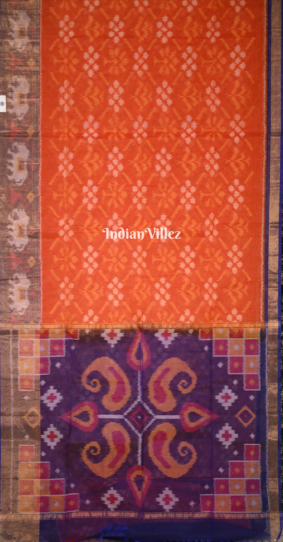 Orange Purple Pochampally Ikat Silk Cotton (Sico) Saree