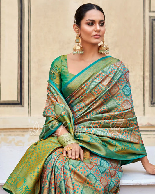 Hunter Green Multi Color Pure Brocade Tissue Kanjivaram Saree