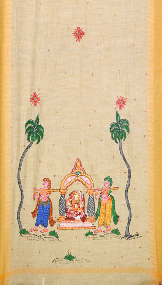 Cream Yellow Doli Barat Hand-Painted Tussar Pattachitra Dupatta