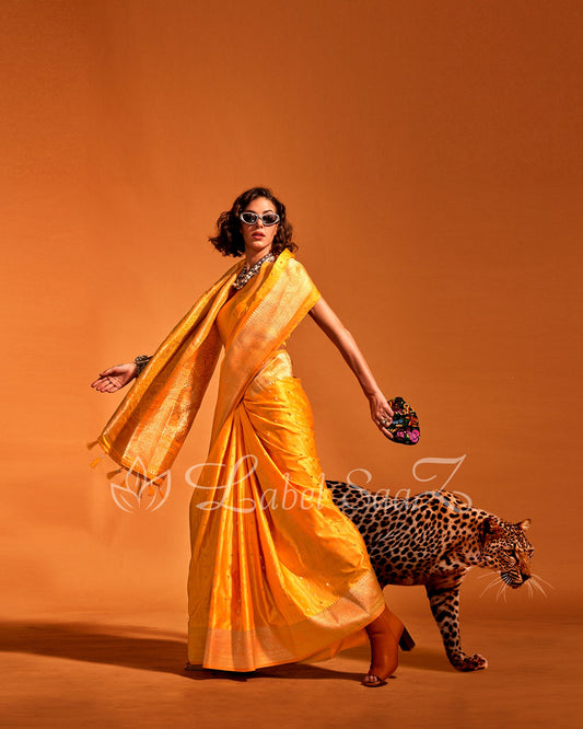 Yellow Handwoven Zari Satin Silk Banarasi Saree
