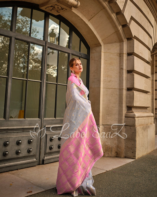 Grey Pink South Tussar Silk Saree
