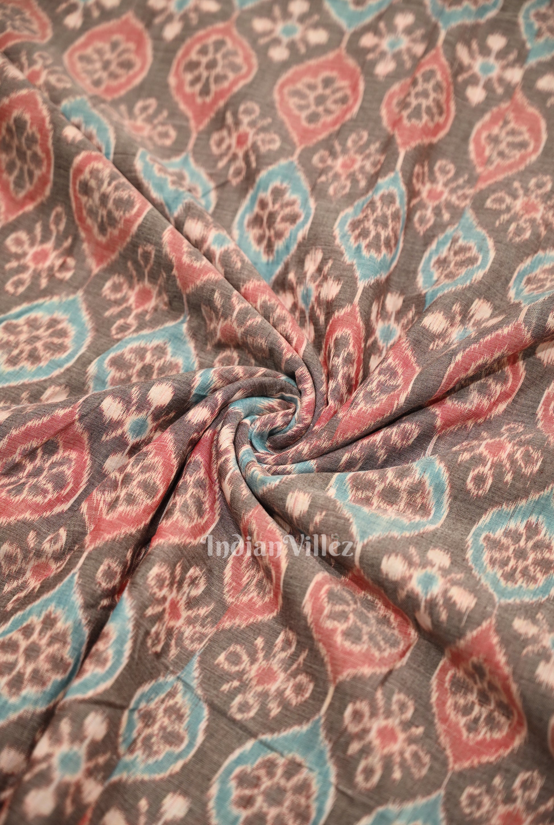 Grey Flower Motif Sambalpuri Odisha Ikat Cotton Fabric 