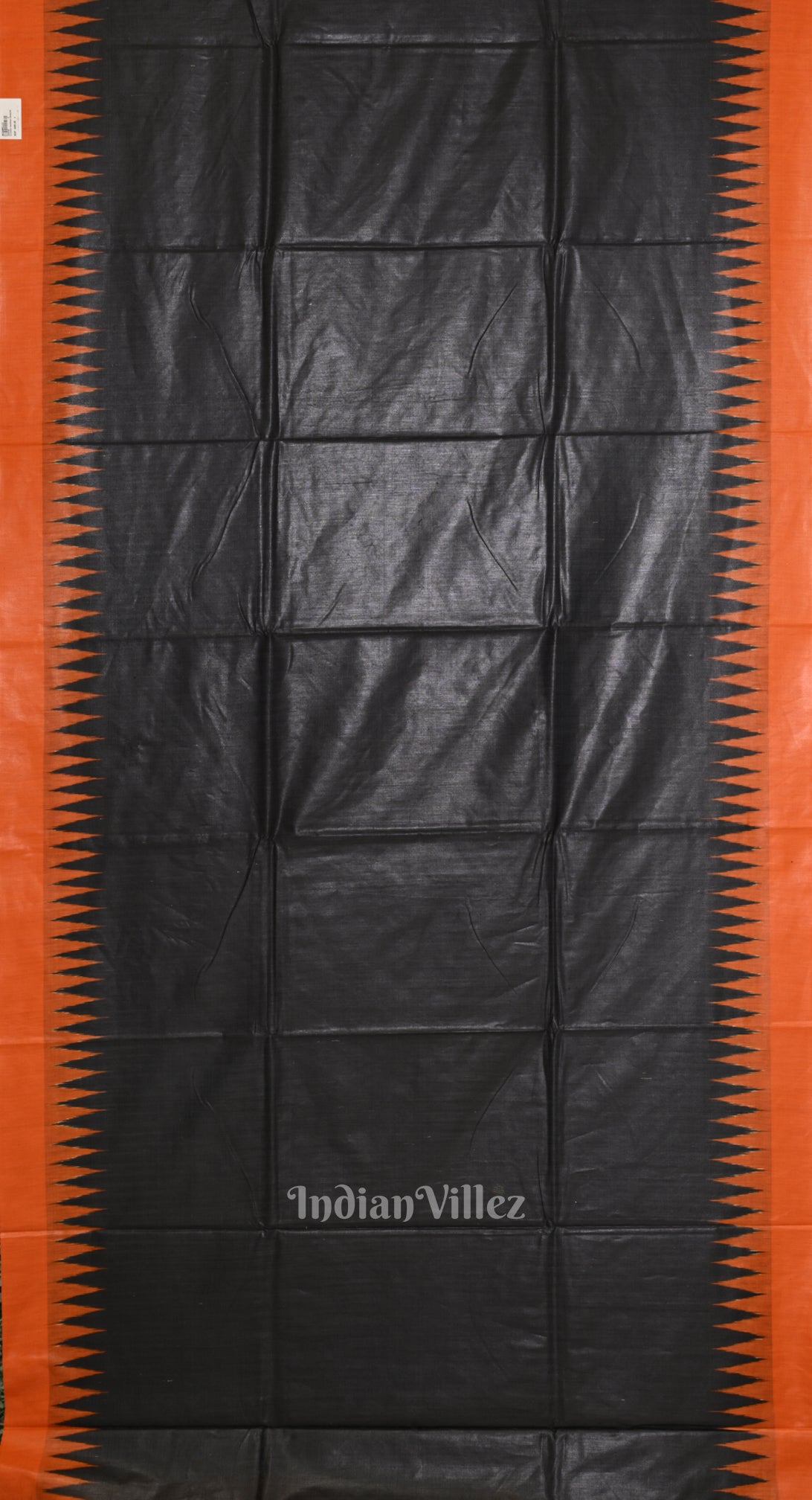 Black Tussar Silk Saree with Orange Border & Anchal 