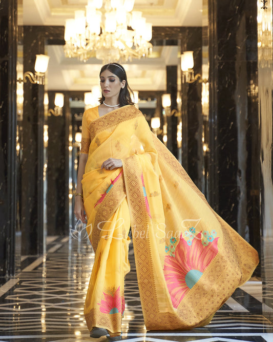 Yellow Floral Handwoven Linen Saree