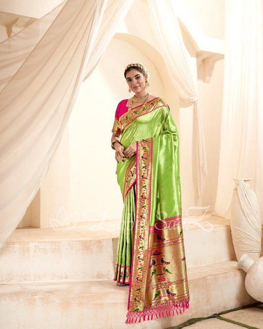Parrot Green Rewa Tissue Handloom Paithani Saree