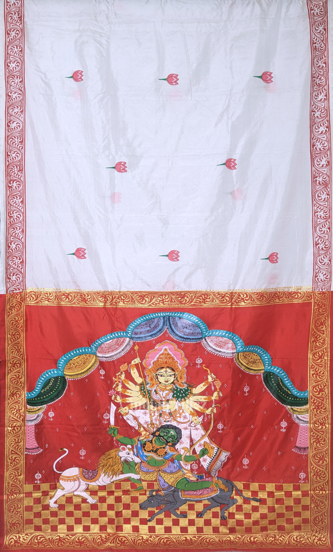 White Red Durga Puja Theme Hand-Painted Pattachitra Saree 