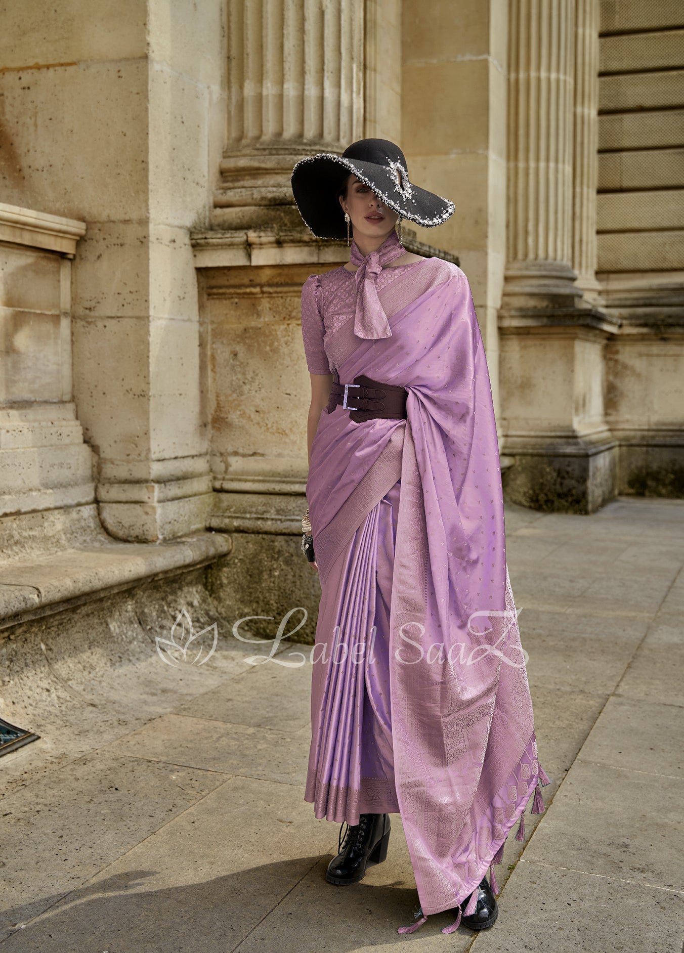 Smoky Purple Handwoven Satin Silk Banarasi Saree With Brocade Blouse