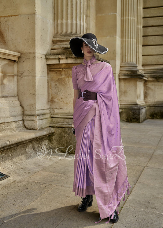 Smoky Purple Handwoven Satin Silk Banarasi Saree With Brocade Blouse