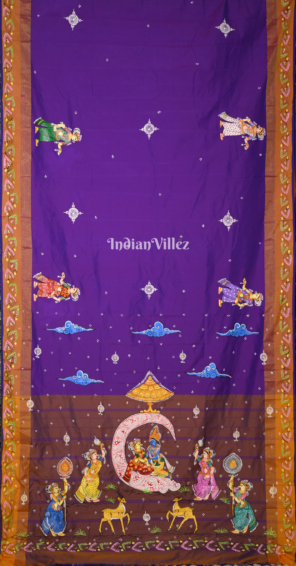 Purple Brown Ardha Chandra Krishna Rasa Leela Hand-Painted Pattachitra Saree