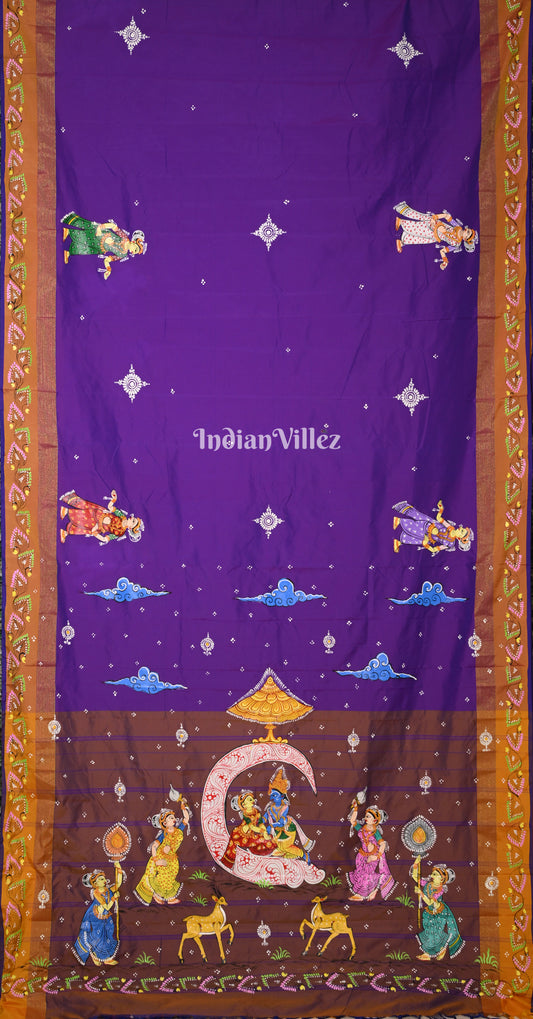 Purple Brown Ardha Chandra Krishna Rasa Leela Hand-Painted Pattachitra Saree