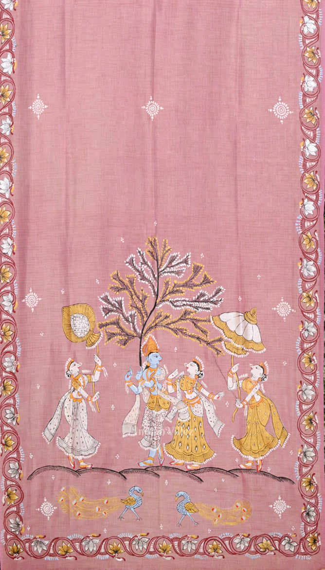 Pink Radha Krishna Raasleela Tussar Pattachitra Dupatta