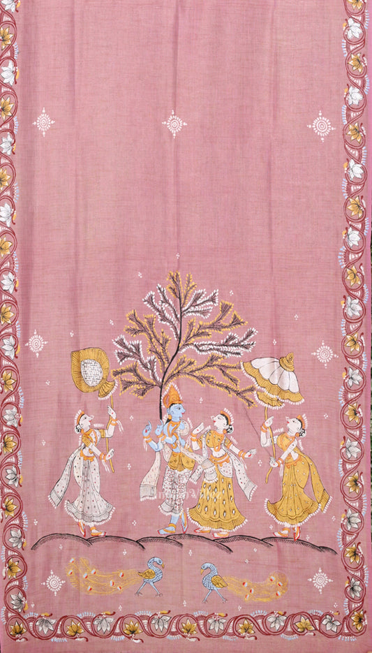 Pink Radha Krishna Raasleela Tussar Pattachitra Dupatta