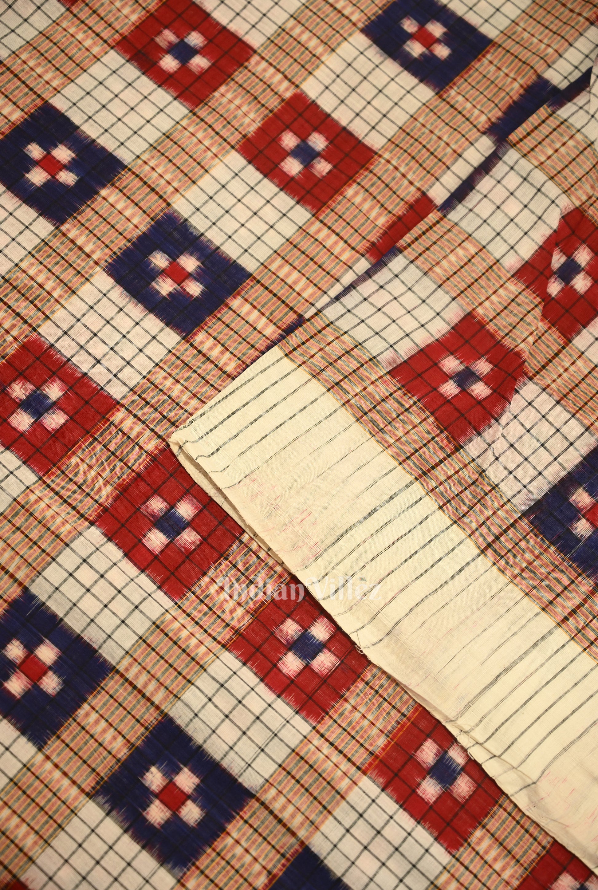 White Multi Color Check Sambalpuri Pasapali Cotton Fabric