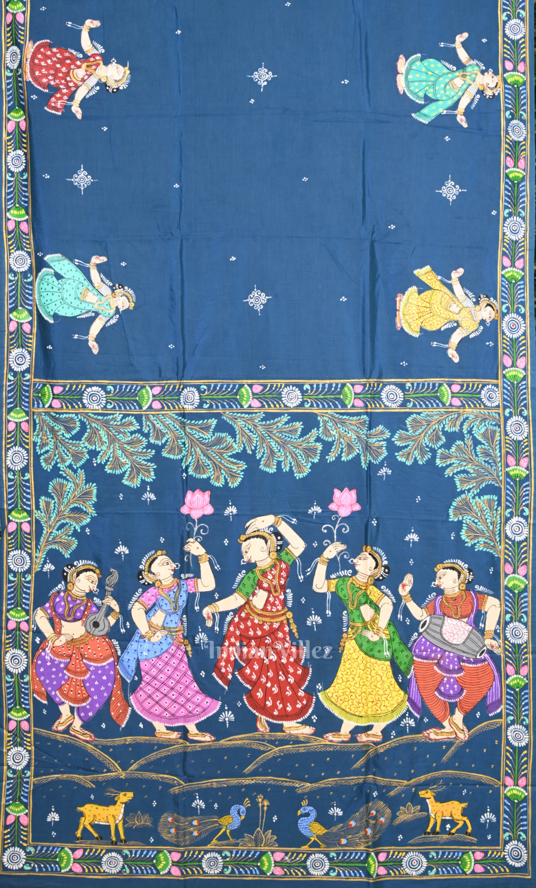 Blue Nartaki  Theme Hand-Painted Pattachitra Saree 