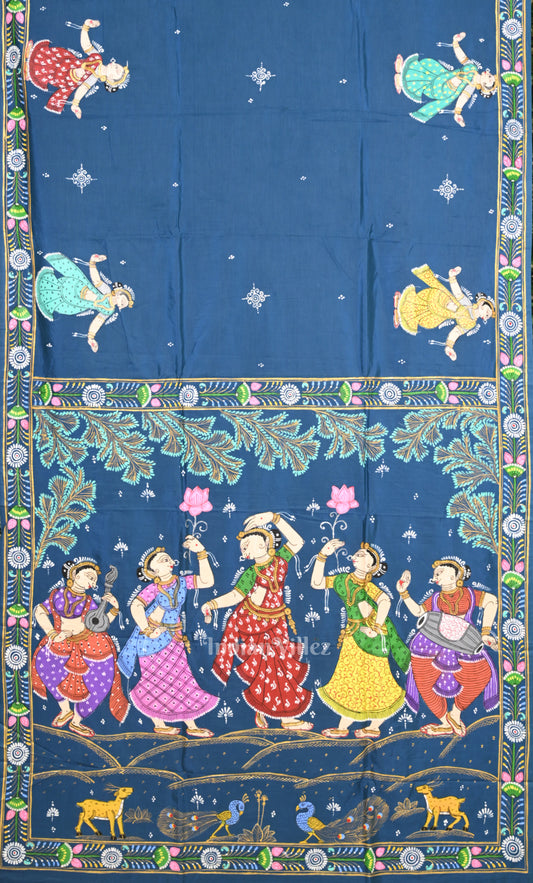 Blue Nartaki  Theme Hand-Painted Pattachitra Saree 